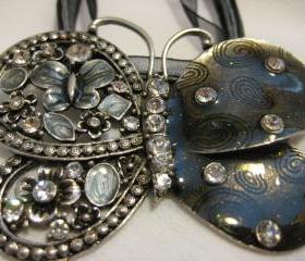 Intricate Black Silver and Grey Rhinestone Butterfly Pendant Necklace