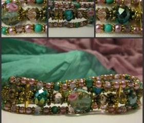 Sumptuous Genuine Turquoise, Teal and Soft Pink Crystal and Pearl Antique Gold Bracelet