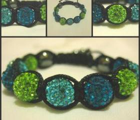 Peacock Blue, Vibrant Turquoise and Lime Green Crystal Pave Bead Macrame Friendship Bracelet