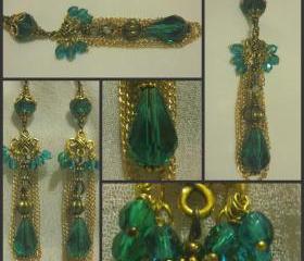 Delicate Gold Chain Teal and Champagne Crystal Earrings