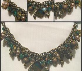 Genuine Malachite Teal Crystal and Bronze Antique Brass Charm Bracelet