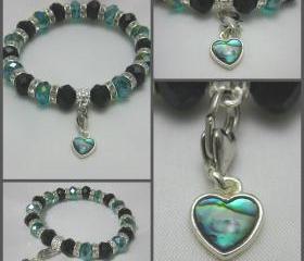 Black and Teal Crystal with Heart Abalone Shell Inlay Charm Stretch Bracelet
