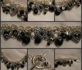 Jet Black Crystal, Gun Metal Grey and Silver Charm Bracelet