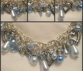 Sumptuous Powder Blue Pearl, Alexandrite, Crystal and Silver Charm Bracelet