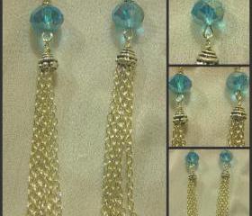 Antique Tibetan Silver Tasselled Earrings with Sparkling Aquamarine Crystal