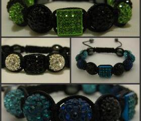 CENTRAL SQUARE RANGE Black White, Lime Black and Ombre Blues Crystal Pave Bead Macrame Friendship Bracelet with Central Square Pave Bead