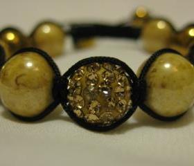Champagne Crystal Pave Bead and Gold Haematite and Marbled Gold Pearl Macrame Friendship Bracelet in Design Worn by Emily Maynard