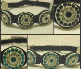 Black or Turquoise and White Crystal Coin Shaped Pave Bead Macrame Friendship Bracelet