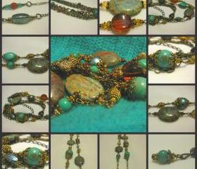 Antique Brass, Turquoise and Jasper Multi Chain Necklace with Various Genuine Gemstones