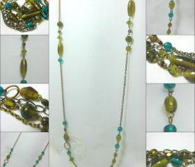 Beautiful Antique Brass Necklace Made with Random Moss Green and Vibrant Turquoise Glass Beads