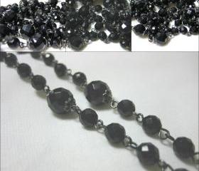 SALE Art Deco Style Long Black Beaded Necklace with Gun Metal Finish