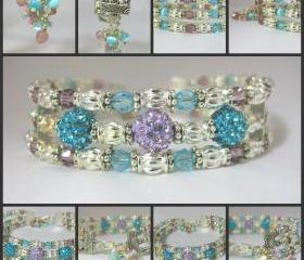 Delicate Lilac and Turquoise Crystal Pave and Genuine Tiger Eye Silver Cuff Bracelet