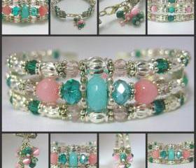 Delicate Pink and Teal Genuine Amazonite and Agate Silver Cuff Bracelet