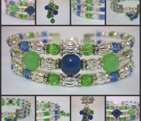 Genuine Lapis Lazuli and Chrysolite Crystal Silver Cuff Bracelet