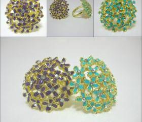 Enamel and Rhinestone Large Allium Flower Gold Rings in a Range of Colours