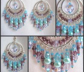 Aqua and Mauve Crystal Bollywood Style Chandelier Earrings