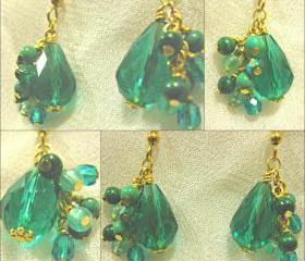 Cascade of Genuine Malachite and Amazonite and Teal Crystal Teardrop Gold Earrings