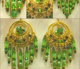 Genuine Jade and Leafy Green Crystal Antique Gold Bollywood Style Chandelier Earrings