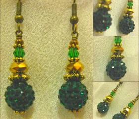 Sparkling Emerald Green Pave Bead, Amber Crystal and Antique Gold Earrings