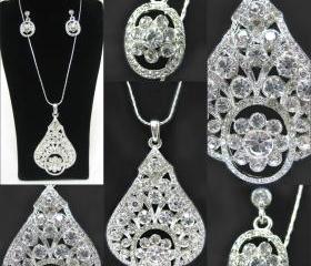 Beautiful Crystal Rhinestone Pendant and Earrings Silver Set