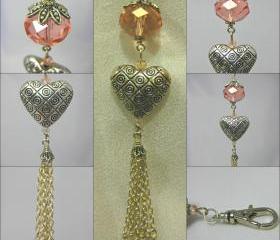 Peach Crystal and Tasselled Heart Handbag Charm