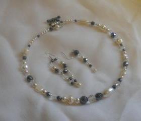 Haematite, Clear Crystal and Ivory Pearl Memory Wire Necklace and Earrings