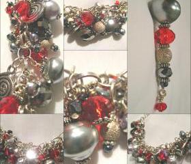 Sumptuous Ruby Red Crystal and Haematite Silver Charm Bracelet