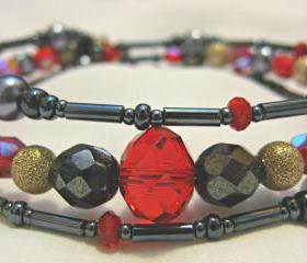 Haematite, Red Crystal and Grey Pearl Silver Bracelet